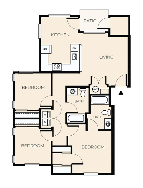 Floor plan for 3 beds, 2 baths, 1104 sqft